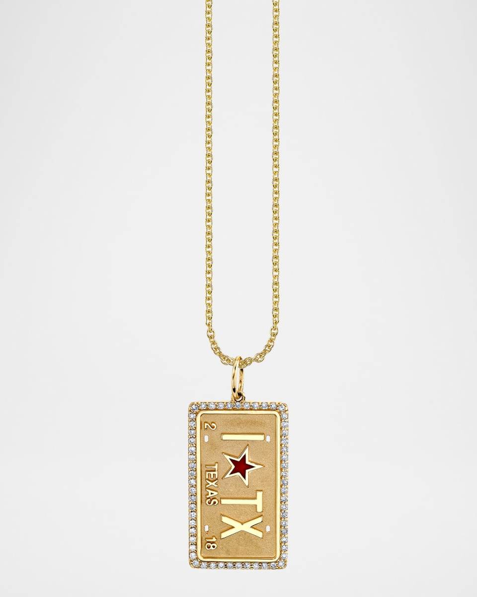 14K Texas License Plate Charm on Heavy Tiffany Chain Necklace